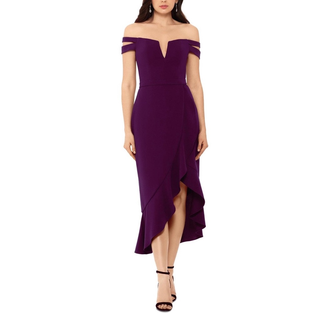 Xscape Womens Off-The-Shoulder Hi-Low Midi Dress Plum size 14